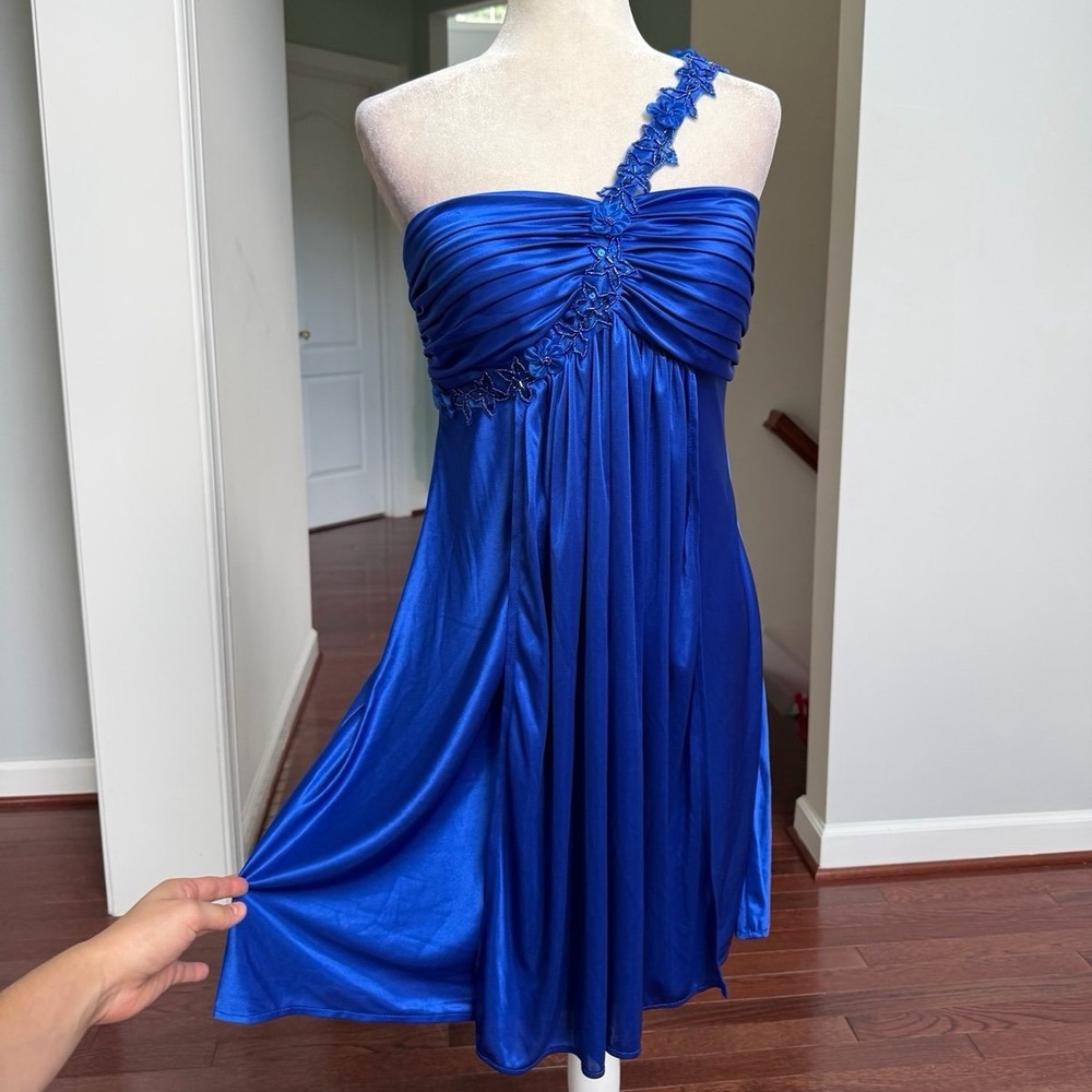 Morgan & Co Blue One Shoulder Beaded Embellished Party Cocktail Dress Medium